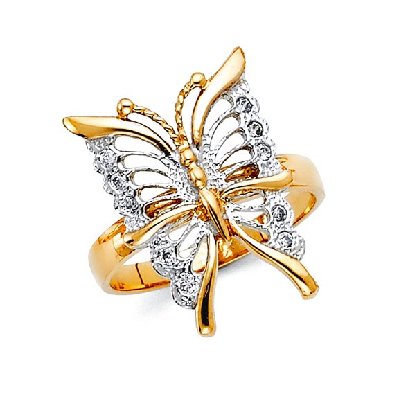 14k Yellow Gold and White Gold Cubic Zirconia Fancy Butterfly Angel Wings Ring Size 7 Ring for Women