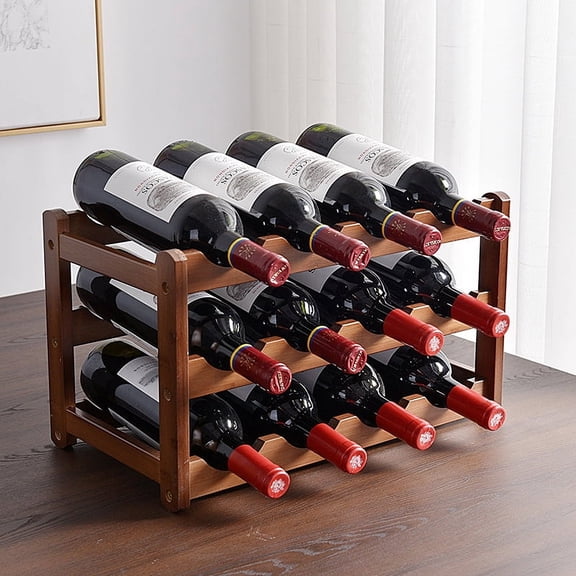 Kaimingweb 3-Tier 12 Bottles Professional Countertop Wine Rack Bamboo Wine Storage Shelf, Sturdy Wine Bottle Holder for Cabinet and Table, Wine Rack Free Standing Furniture, Brown