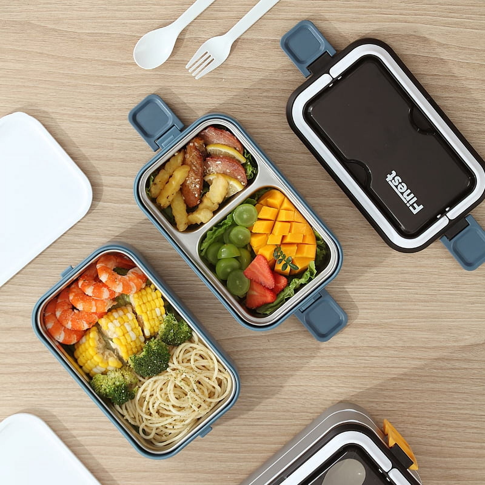 Stackable lunch box Stainless steel with 3 Compartments, Reusable Utensils, Leak resistant,1400 ML Capacity, Microwave safe bento box