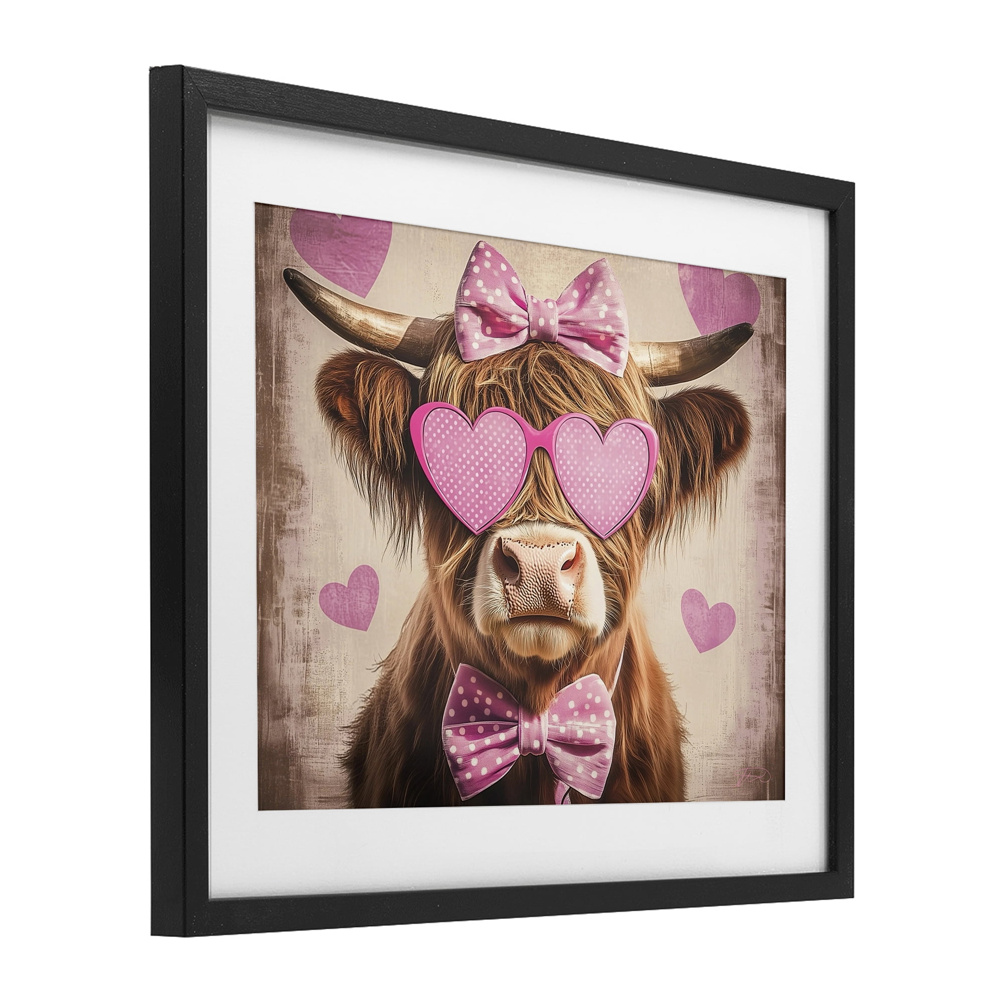 Cute Cattle Pink Hearts Black Framed Print Under Glass, design by Shawna Stewart