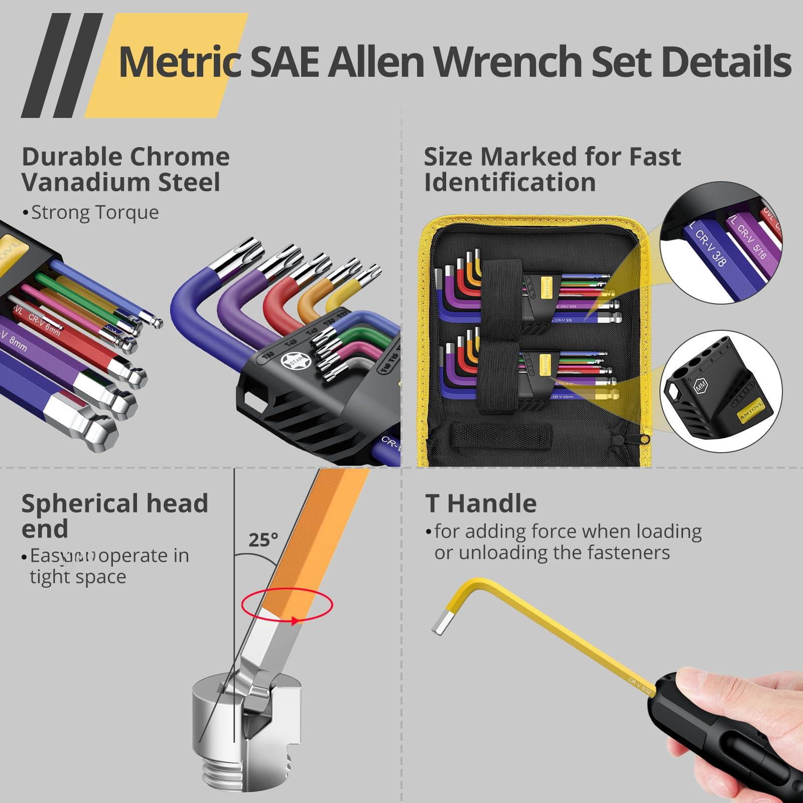Hex Keys Set - Allen Key & Torx  Metric/imperial 27pcs Wrench Long Arm Ball Head Design With T-handle Color Coding 1.5-10mm T10-t50 1/16-3/8