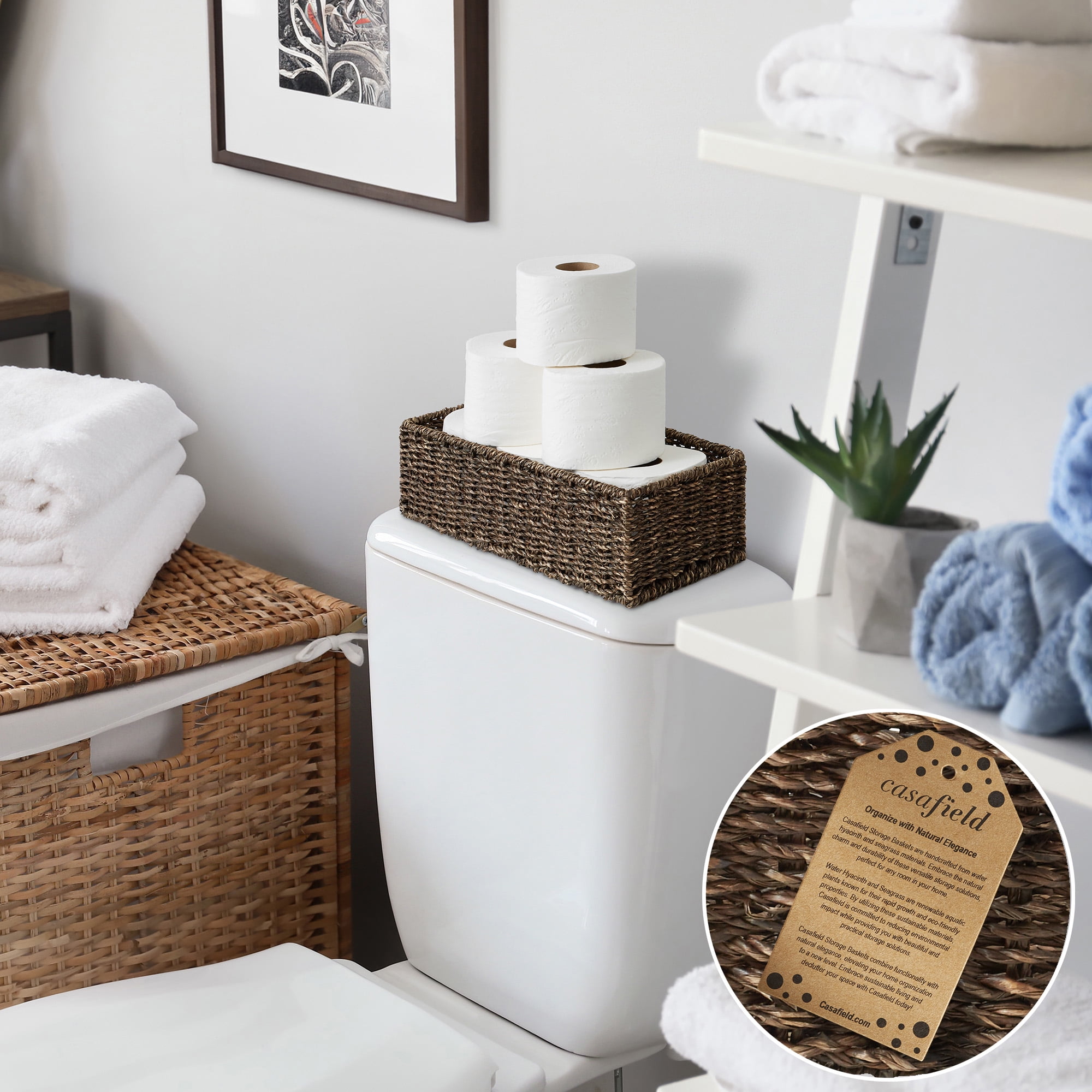Casafield Bathroom Storage Baskets - Set of 2, Espresso - Seagrass, 16" W  x 6.75" D x 4.25" H, Woven Toilet Paper, Tissue, Shelving Bins