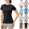 thumbnail image 7 of Lovskoo Summer Tops for Women 2024 Round Neck Short Sleeve Solid Color Exercises Breathable Running Yoga Sports Blouse Black, 7 of 7