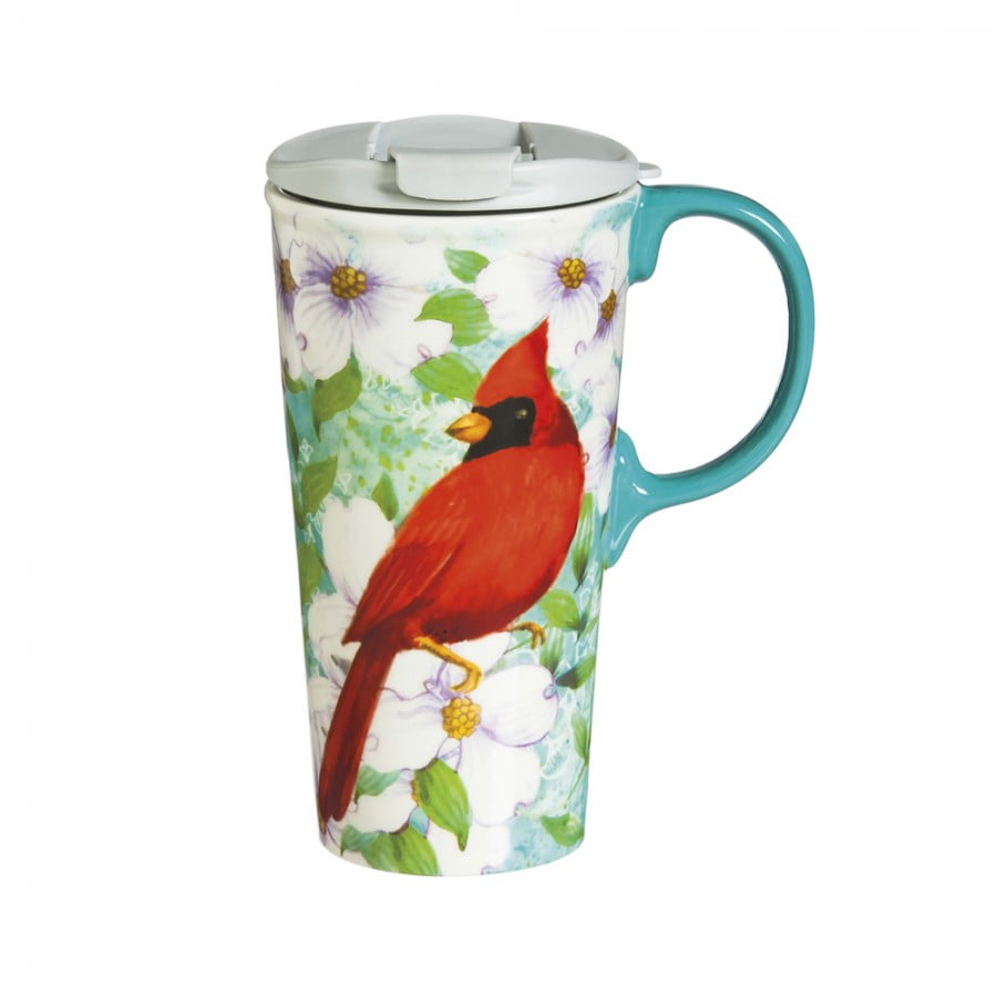 Cypress Home Cardinal Trio Ceramic Travel Coffee Mug, 17 ounces