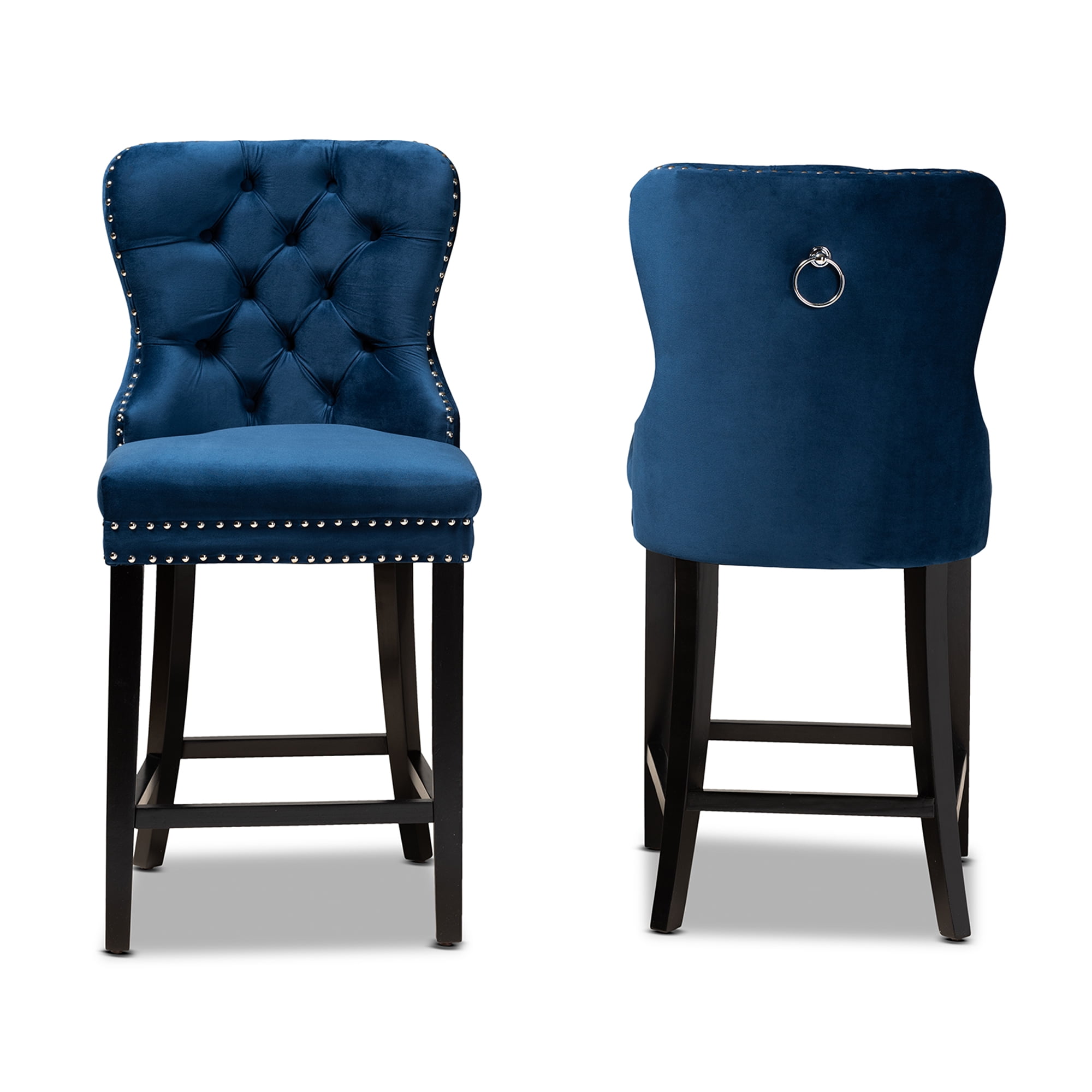 Baxton Studio Howell Modern Transitional Navy Blue Velvet Upholstered and Dark Brown Finished Wood 2-Piece Counter Stool Set