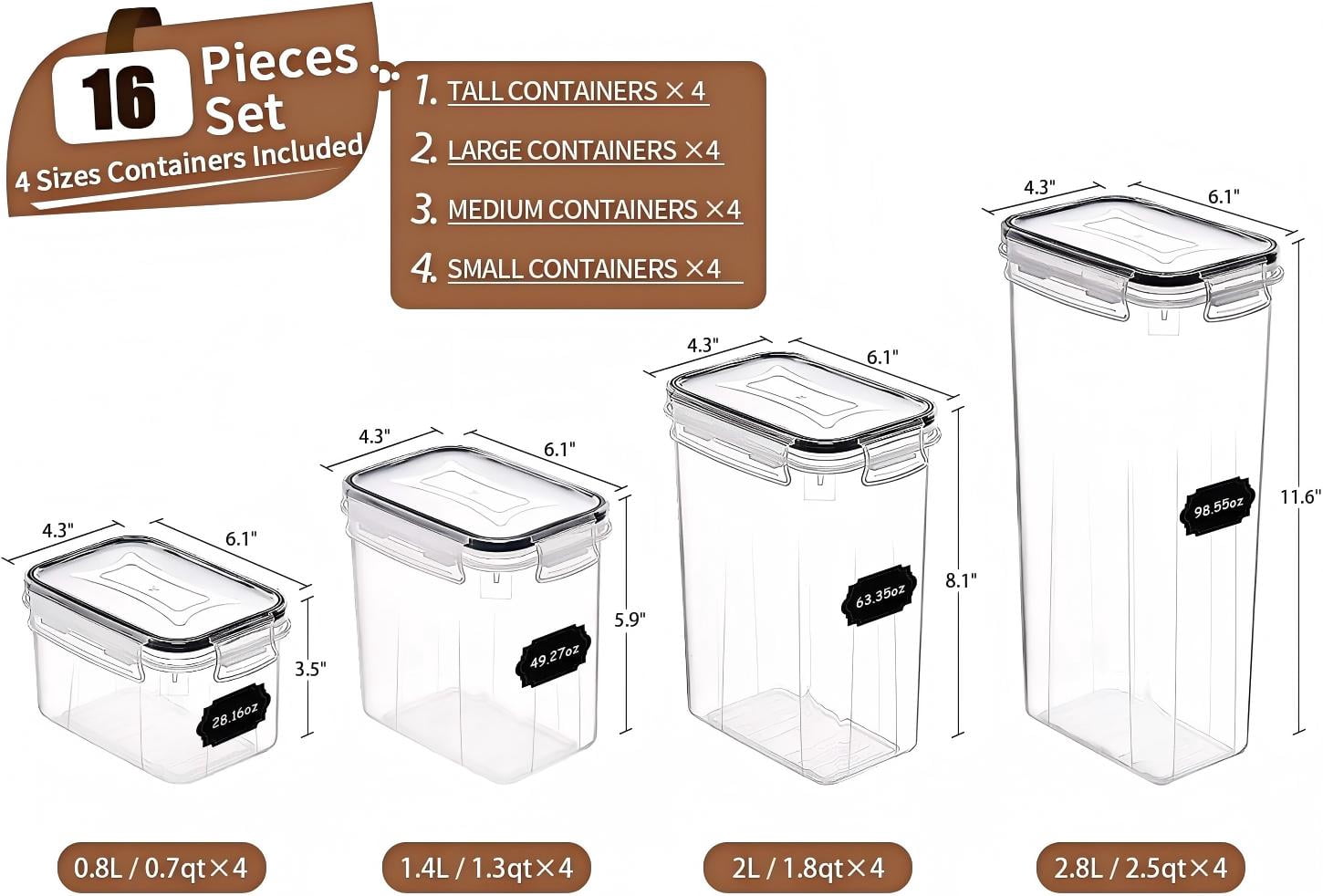 AISOON 16-Piece Airtight Food Storage Containers Set, BPA-Free Stackable Pantry Canisters, Clear