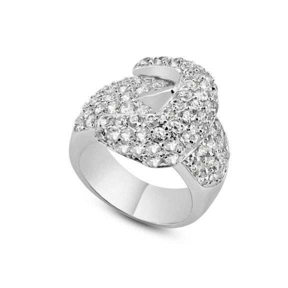 Sterling Silver 925 Rhodium Plated Clear Pave Belt Buckle Ring White CZ Jewelry Female Size 9