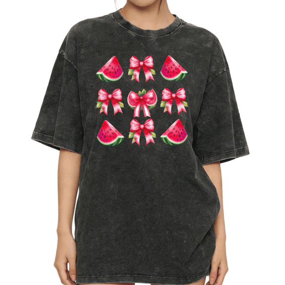 Women's Summer Watermelon Slices with Pink Coquette Bows and Floral Accents Grid Graphic Washed T Shirt Black S-2XL Plus Size