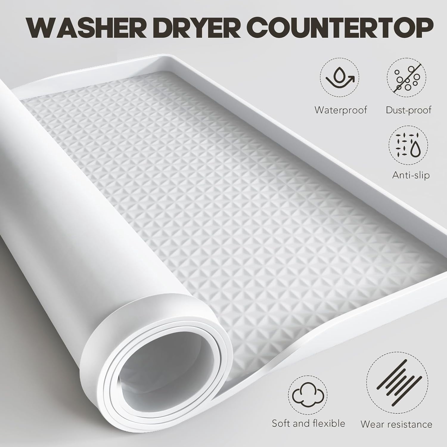 Washer Dryer Countertop, 51.2" x 25.6" Large Washer and Dryer Covers for The Top, Non-Slip Waterproof Silicone Dryer Top Protector Mat, Washer Dryer Topper for Laundry Room Kitchen Home（White）