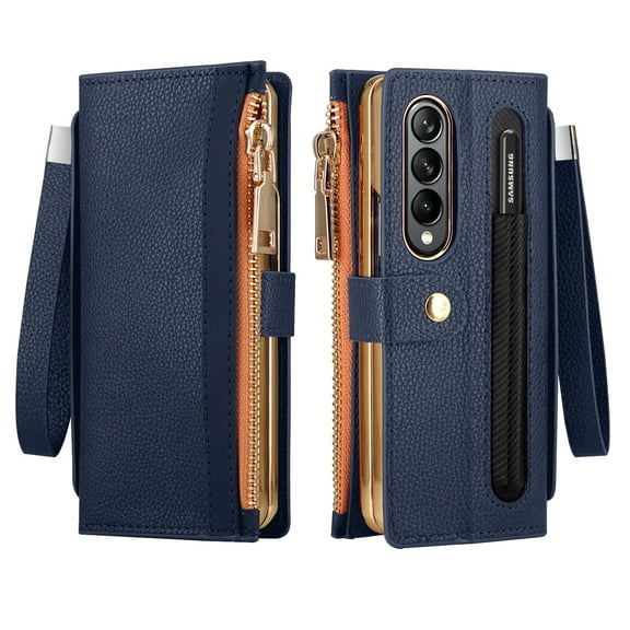 ELEHOLD Luxury Leather Wallet Case for Samsung Galaxy Z Fold 4 Zipper Pocket RFID Blocking Card Slots Pen Slot Wrist Strap Magnetic Shockproof Purse Case For Samsung Galaxy Z Fold 4,Darkblue