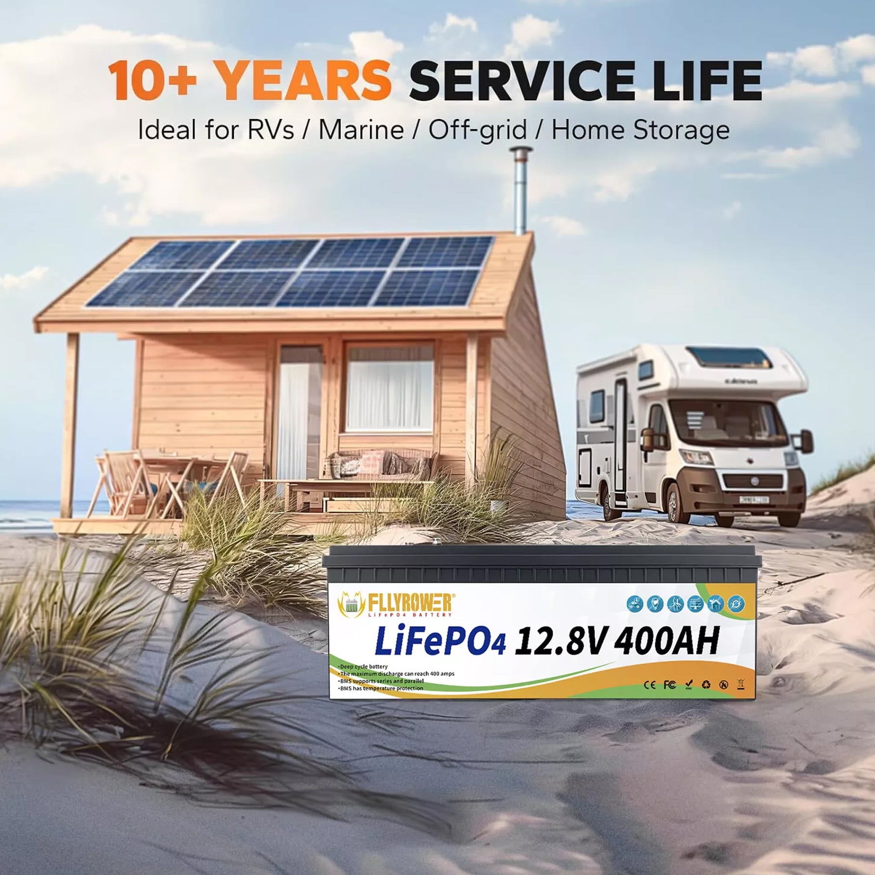 12V 400Ah Golf Carts LiFePO4 Battery with Charger,Built in 200A BMS,FLLYROWER for RV,Marine,Trolling Motor,Solar System,16000+ Deep Cycles & 10 Years Lifetime