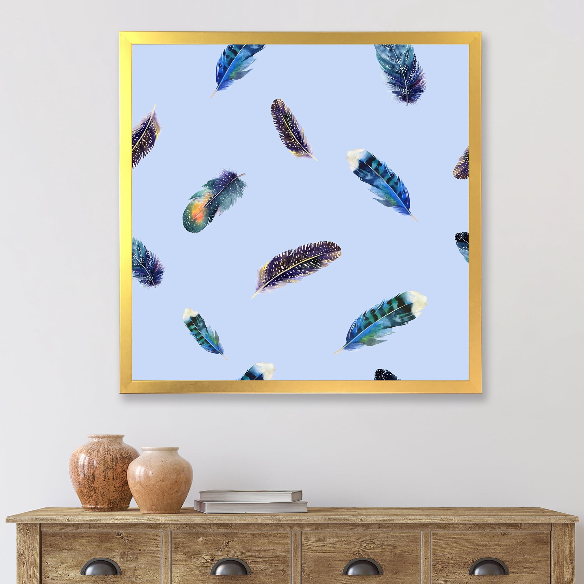 Designart 'Blue Feathers Boho Ethnic ' Bohemian & Eclectic Framed Art Print