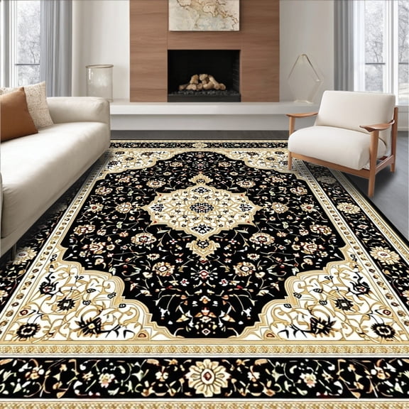 ODIKA 4'x6' Machine Washable Non-Slip Area Rug, Elegant Black and Beige Medallion with Ornate Oriental Motifs High Traffic Rug, Black, 48131
