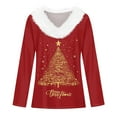thumbnail image 4 of Hearthz Women Christmas Sweaters Faux Fur Trim V Neck Sweatshirts Xmas Christmas Tree Print Shirt for Women Winter Warm Long Sleeve Pullover Tops, 4 of 5