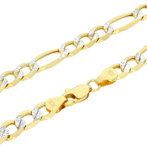 Nuragold 10k Real Yellow Gold Figaro Link 4.5mm Diamond Cut Two Tone Pave Chain Necklace (16"-30") Italian Jewelry for Men & Women