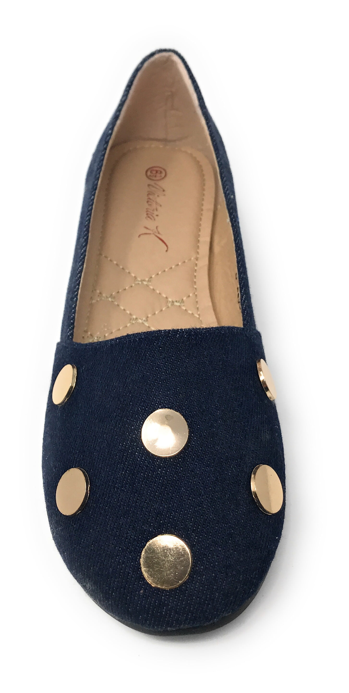 Victoria K Women's Round Gold Studs Denim Ballerina Flats