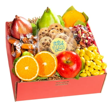 GreatFoods Thank You Fresh Fruit & Sweets Gift Box with Gummie Rings, Sea Salt Caramel, Trail Mix and More, Fruit Basket Gift for Corporate Gifting, Snack Gift Basket, Gourmet Food Gifts, spring gifts