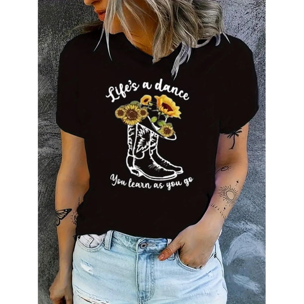 Vibrant Women's T-Shirt - Round Neck, Casual Sports Style Summer Tee with Sunflower & Cowboy Boots Print, Soft Fabric, Relaxed Fit, Perfect for Outdoor Activities Tee Tee For Adult, Men, Women, Teen