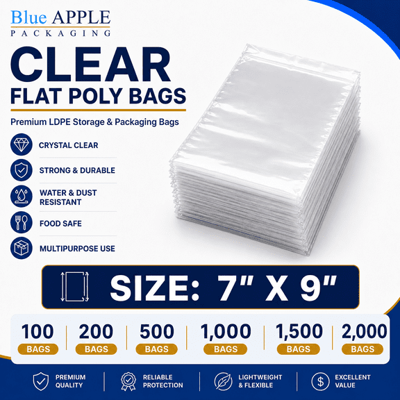 Clear Flat Poly Bag 1.25Mil, 7" X 9" & 100 Bags | Low-Density Polyethylene (LDPE), Flat Open Top Plastic Packaging | Flexible and Durable Plastic Bag
