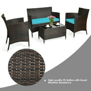 Gymax 4PCS Patio Rattan Conversation Furniture Set Outdoor Turquoise Cushioned