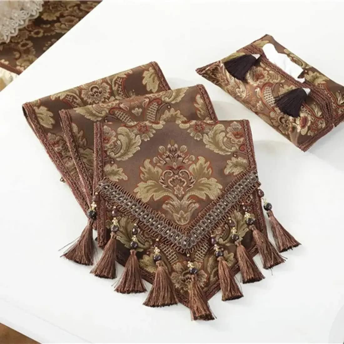 CHUNTIAN French Country Luxury Floral Pattern Table Runner with Beads Tassels Kitchen Decor Silk Blend Tea Table Table Runners (Beige,13" W x 89" L)