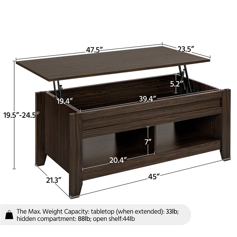 Alden Design 47.5" Lift Top Coffee Table with 2 Storage Compartments for Livingroom, Espresso