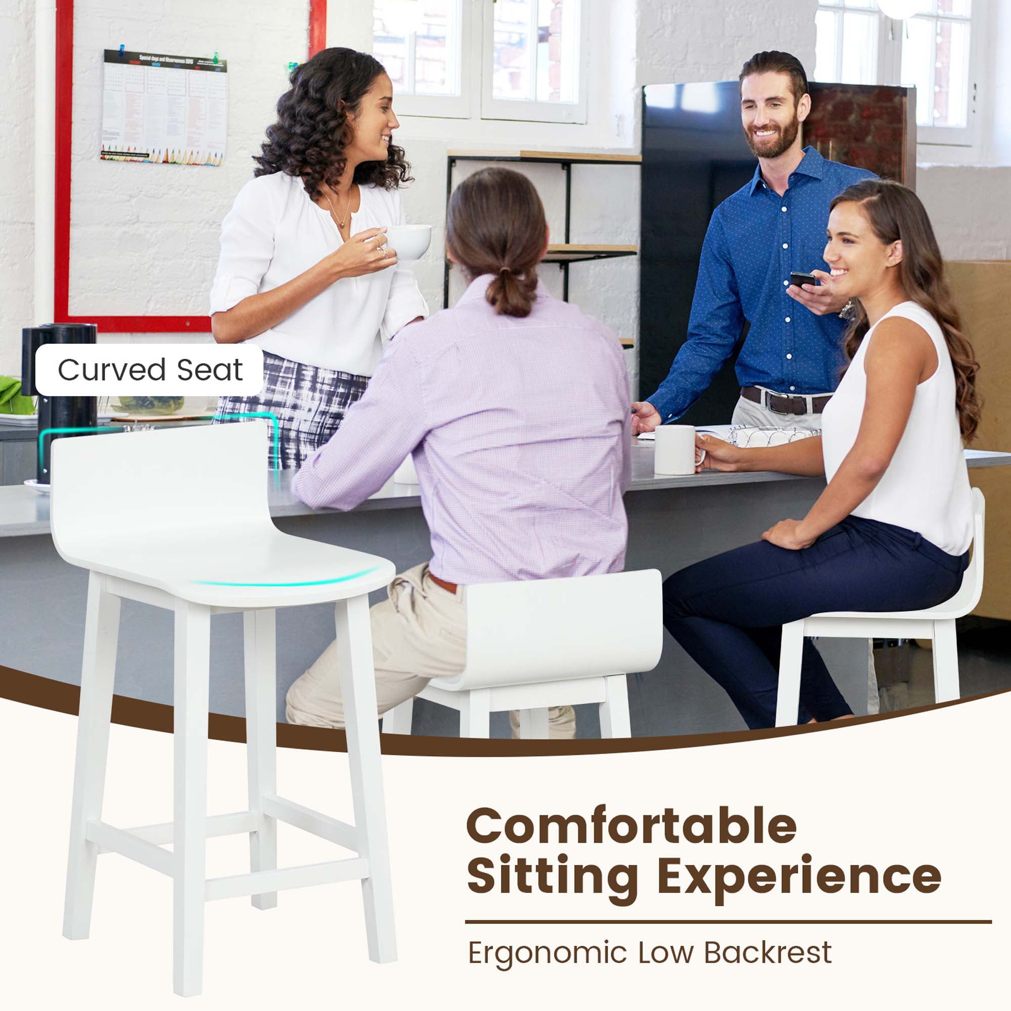 Costway 24.5" Wood Bar Stools Set of 2 with Solid Back & Seat Mid Century Bar Chairs White