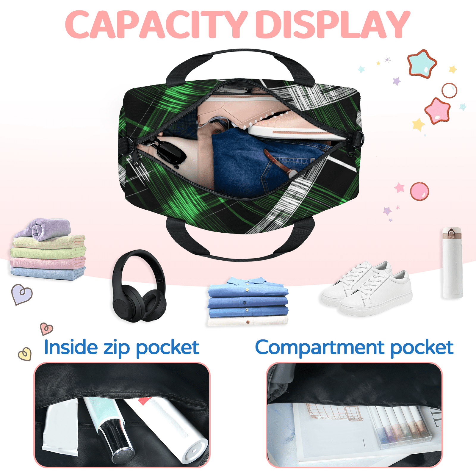 Herdesigns St Patrick's Day Lucky Shamrock Gym Bag for Women, Duffle Bag for Travel Sport, Lightweight Waterproof Carry on Weekender Overnight Dance Yoga Workout Bags