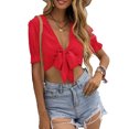 thumbnail image 1 of Camisa corta con lazo para mujer, Color puro, manga abombada, cuello en V profundo, Top de verano para mujer para fiesta y vacaciones, rojo XL, 1 of 6