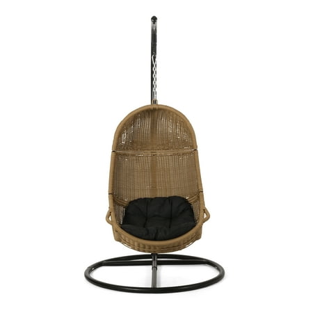 Noble House Bullard Wicker Rattan Hanging Chair With Cushion And Stand Light Brown Black Accuweather Shop