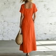 thumbnail image 6 of 2026 Summer Womens Dress Cotton Linen Square Neck Short Sleeve Long Dress with Pockets & Side Slit Beach Sundress, 6 of 7