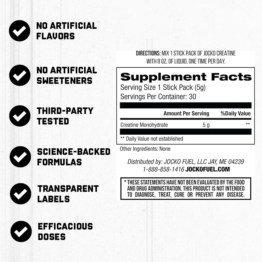 Jocko Fuel Creatine Stick Packs - Creatine Monohydrate Powder Travel Packs for Men & Women, 30 Servings (Unflavored)