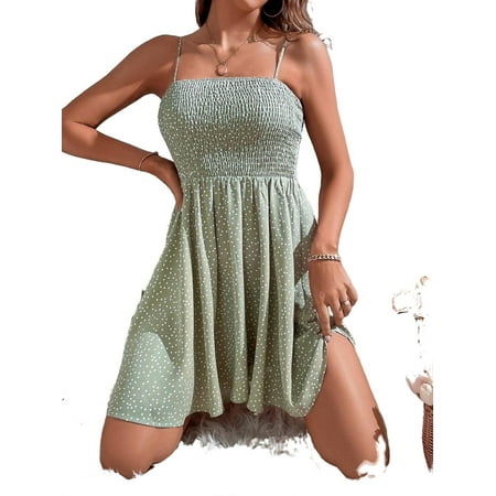 

Womens Polka Dot Shirred Short Dress Green XS