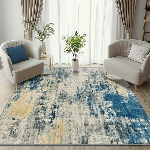 Modern Abstract Area Rug 5x7 Living Room Carpet Machine Washable Rug Non Slip Bedroom Carpet Dorm Rugs Nursery Rug Stain Resistance Mat for Dining Room Wool Indoor Rug Blue