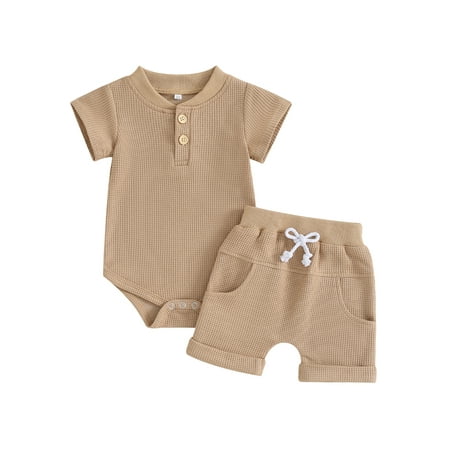 

Qtinghua Toddler Baby Boy Summer Clothes Solid Color Waffle Short Sleeve Button Romper with Shorts 2Pcs Outfit Khaki 9-12 Months