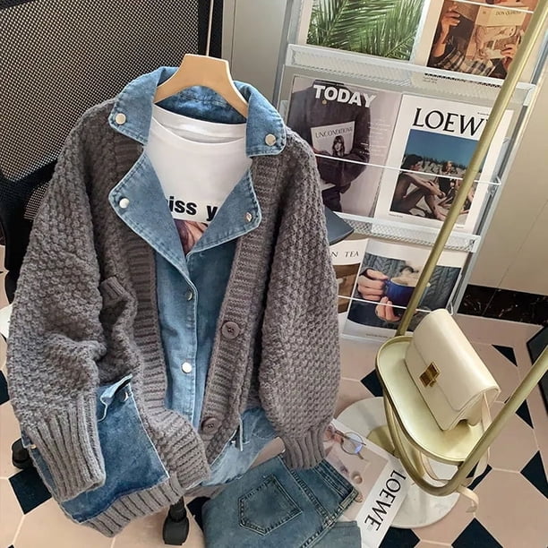 Suéter de retazos de mezclilla vintage de 200 libras de grasa, abrigo de moda para mujer, cárdigan holgado y grueso de otoño e invierno de 2023