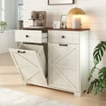 thumbnail image 3 of Farmhouse Double Tilt Out Trash Cabinet for 20 Gallon Trash Cans, Free Standing Recycling Cabinet with Hideaway Drawer, Barn Door Style Laundry Sorter Cabinet, 3 of 9