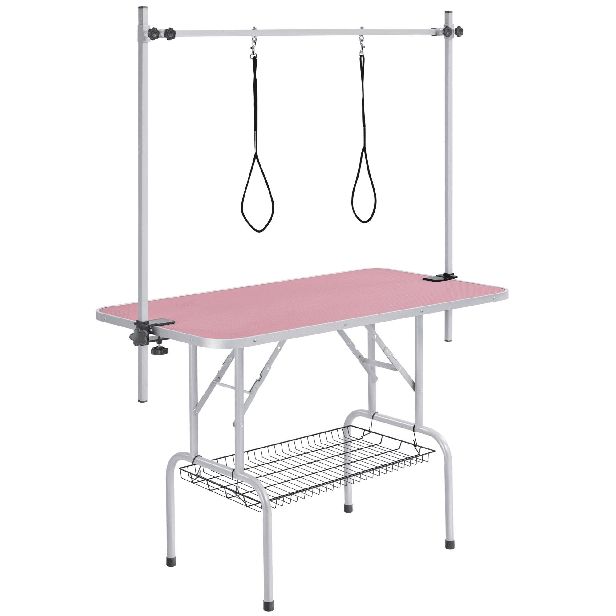 Yaheetech 45" Height Adjustable Pet Grooming Table Stainless Metal Arm Frame for Dogs/Cats/Pet Tools Storage Rack, Pink