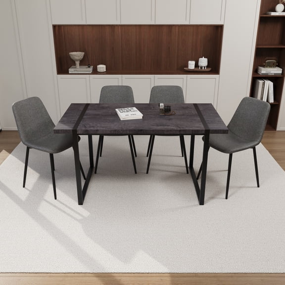 Pinovk 59" MDF black wooden dining table and modern dining chair 4-piece set, medieval wooden kitchen dining table set, rectangular metal base, dining table and suede chair