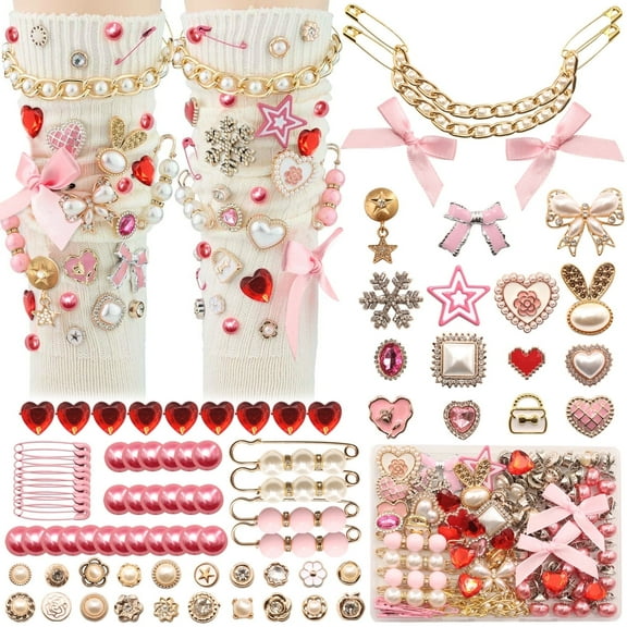 87 Pcs Boxed Pink Gold Junk Socks Charms Kit for Women, Bling Jewelry Charms with Bows Pearl Rhinestone Brooches Chains Safety Pins, for Shoes Sneakers