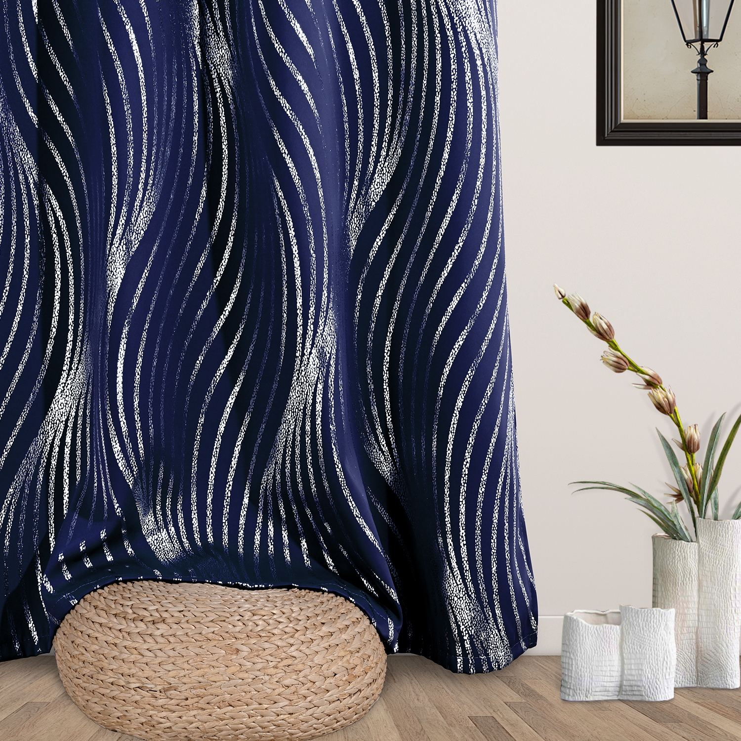 Alishomtll Navy Blue Blackout Curtains for Living Room ,Modern Metallic Silver Wave Pattern Bedroom Thermal Insulated Drapes ,2 Panel Set,52"x63"