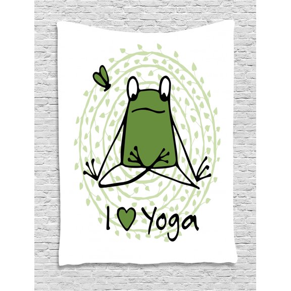 Green Mandala Tapestry, Funny Cartoon Character Sketch Style Animal with I Love Yoga Words, Wall Hanging for Bedroom Living Room Dorm Decor, 40W X 60L Inches, Green Black White, by Ambesonne