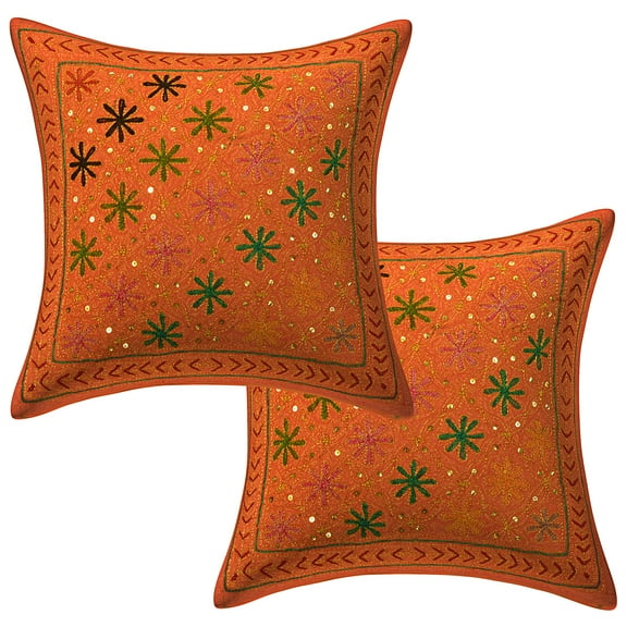 Stylo Culture Indian Decorative Throw Pillow Covers 16 x 16 Sequins Gold Zari Embroidered Orange Ethnic 40 x 40 cm Home Decor Cotton Floral Square Cushion Covers | Set Of 2