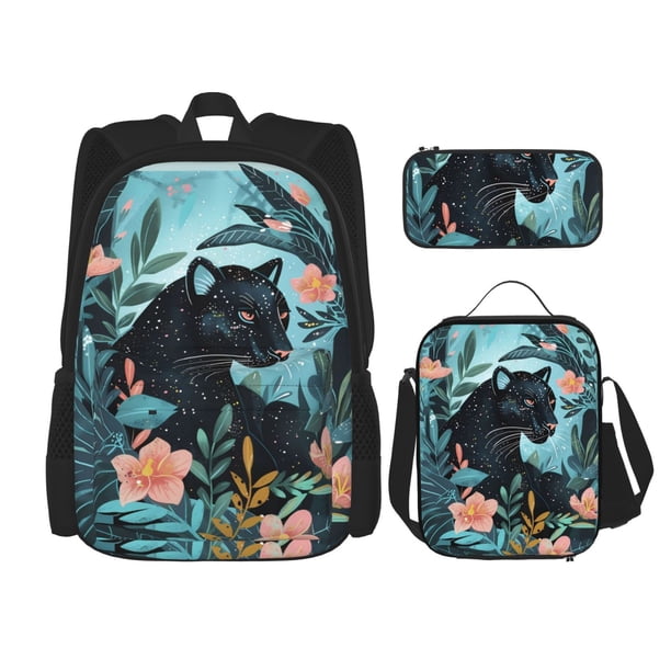 Disketp Black Panther Floral Illustration Mochila Estampada de Gran Capacidad con Lonchera y Estuche, Set de 3 Piezas para Estudiantes