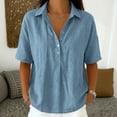 thumbnail image 2 of Hngshg Plus Size Tops for Women Linen Button Collared Comfy Short Sleeve Solid Color Casual Blouses Summer Vacation Going out Tops, 2 of 7