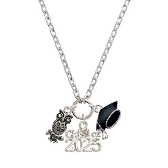 Delight Jewelry Silver-tone Antiqued Owl with Clear Crystal Eyes - Silver-tone Class of 2025 Graduation Zoey Necklace, 28"