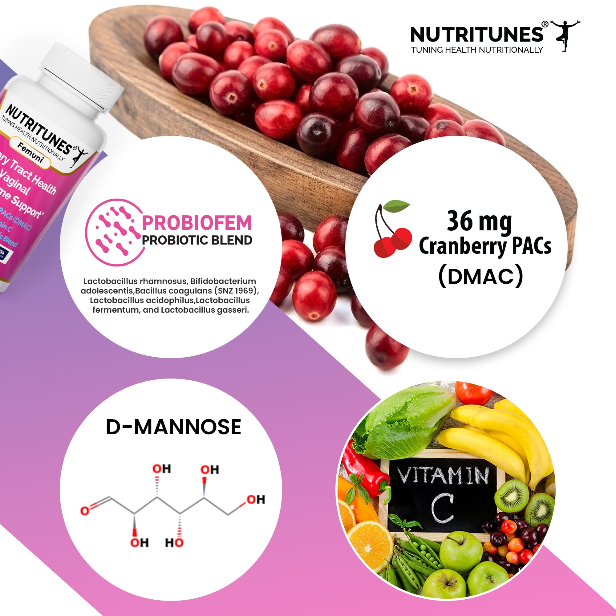 Femuni UTH Urinary Tract Health Supplement for Women – 36mg Cranberry PACs, D-Mannose, Probiotics & Vitamin C – Supports Urinary & Vaginal Health, pH Balance & Immune Support – 60 Capsules