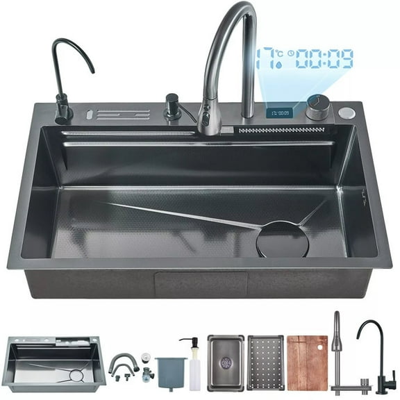 Stainless Steel Flying Rain Waterfall Kitchen Sink with Faucet 29.5" Single Bowl