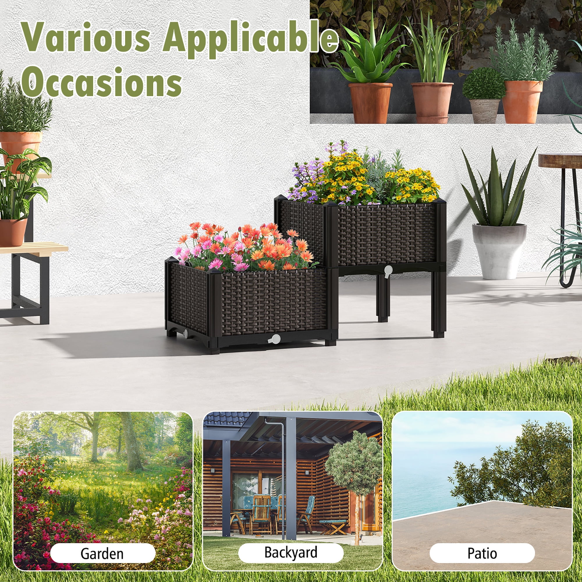Gymax Elevated Plastic Raised Garden Bed Planter Kit for Flower Vegetable Grow 2 Set