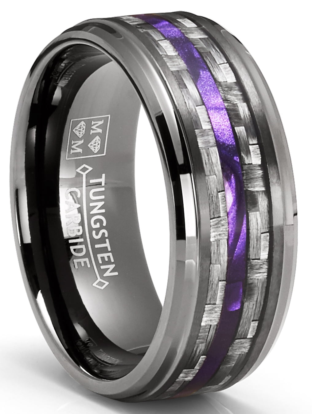 4mm Tungsten Carbide Blue Purple or Pink Carbon Fiber Inlay Wedding Band 
